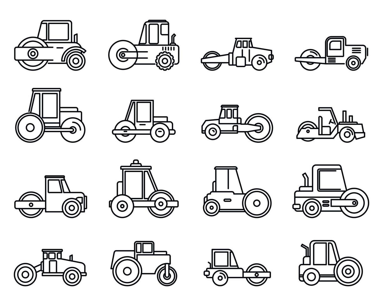 Contruction road roller icons set, outline style vector