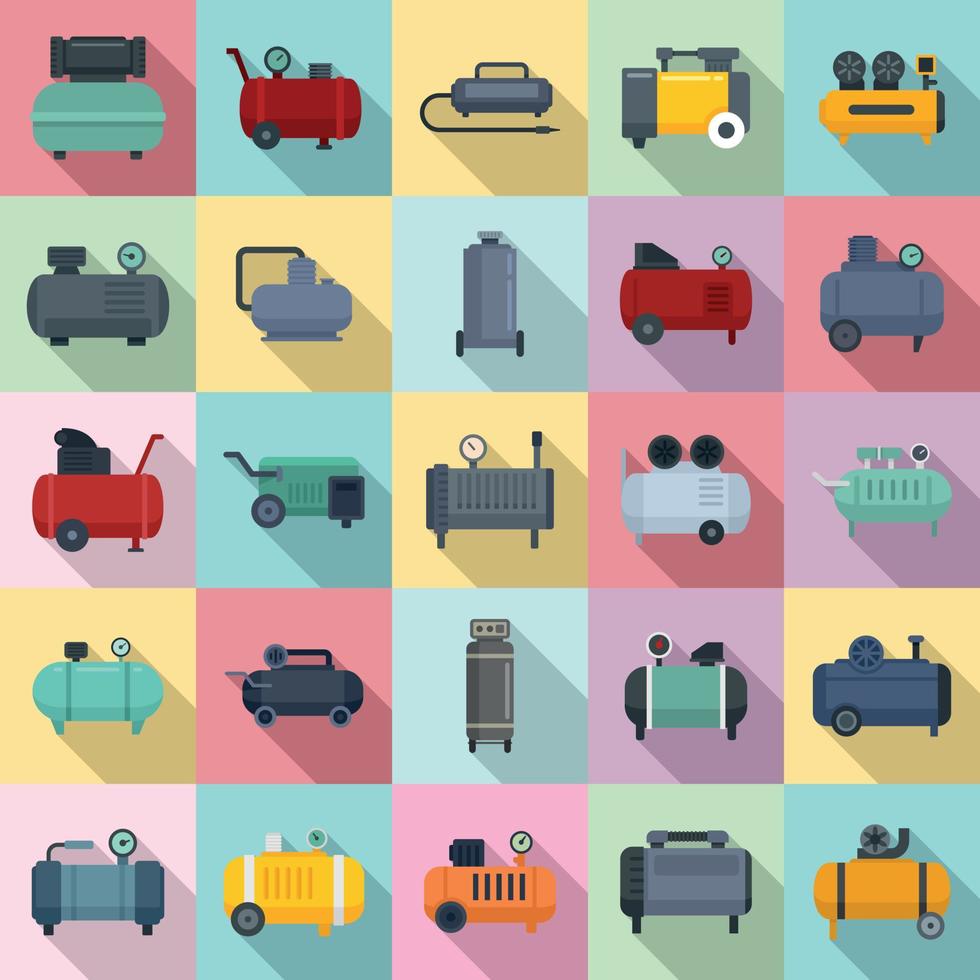 Air compressor icons set, flat style vector