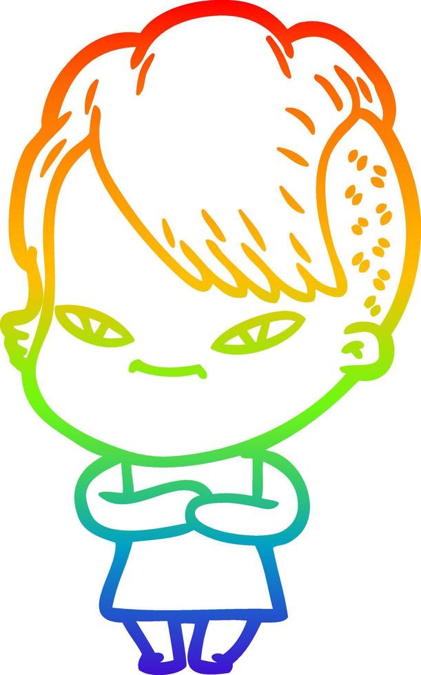 Dibujo de línea de gradiente de arco iris linda chica de dibujos animados con corte de pelo hipster vector