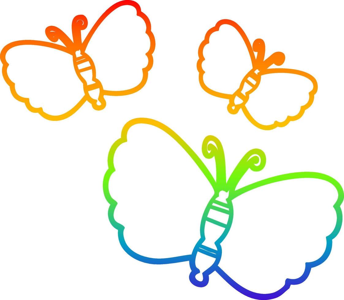 dibujo de línea de gradiente de arco iris mariposas de dibujos animados vector