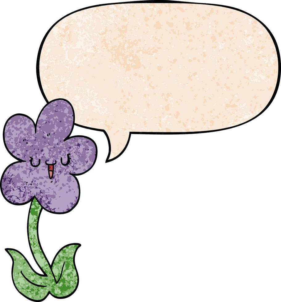 cartoon flower and happy face and speech bubble in retro texture style vector