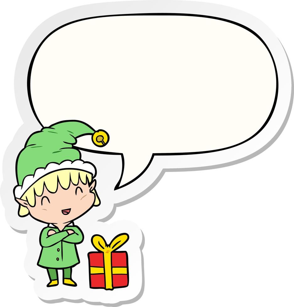 cartoon happy christmas elf and speech bubble sticker vector