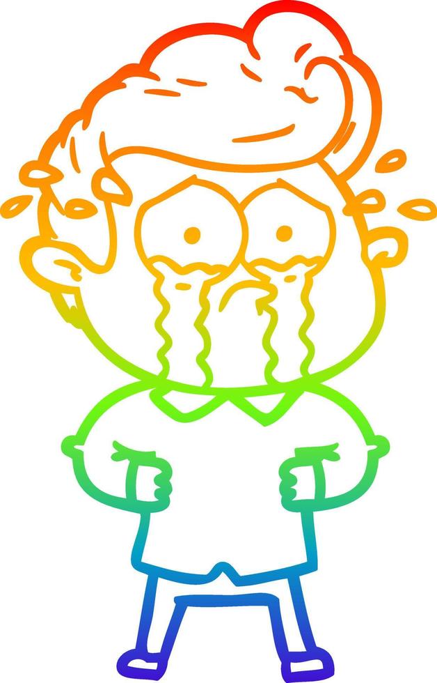 rainbow gradient line drawing cartoon crying man with hands on hips vector