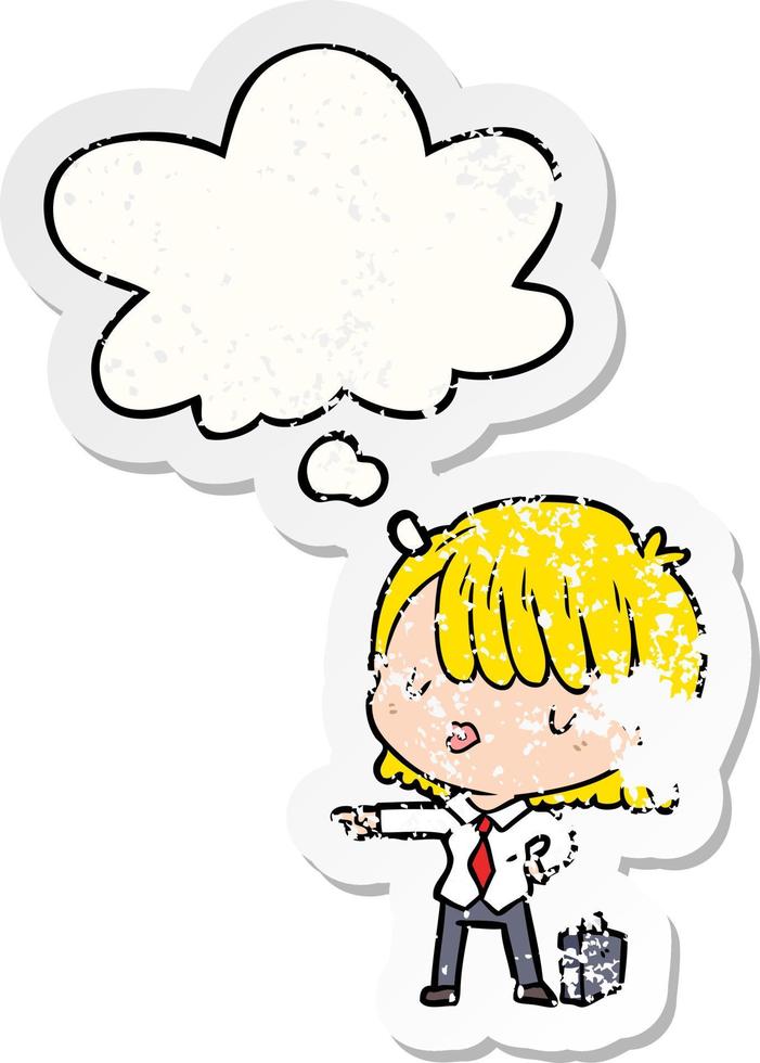 cartoon efficient businesswoman and thought bubble as a distressed worn sticker vector