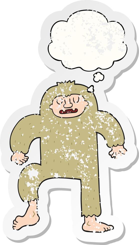 cartoon bigfoot and thought bubble as a distressed worn sticker vector