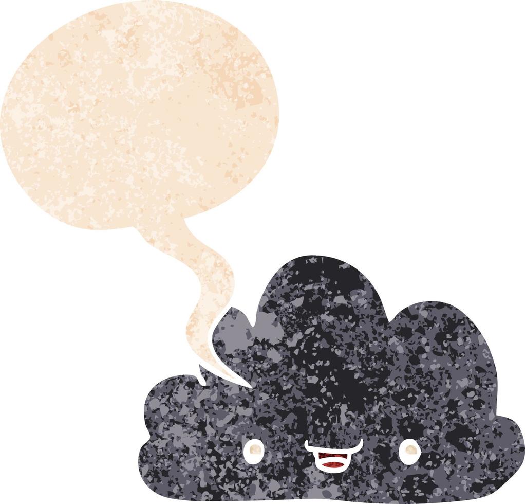 cartoon tiny happy cloud and speech bubble in retro textured style vector