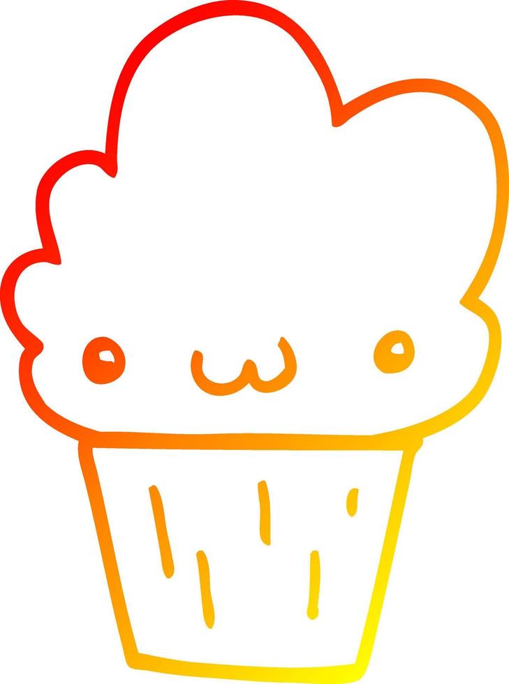 línea de gradiente cálido dibujo cupcake de dibujos animados con cara vector