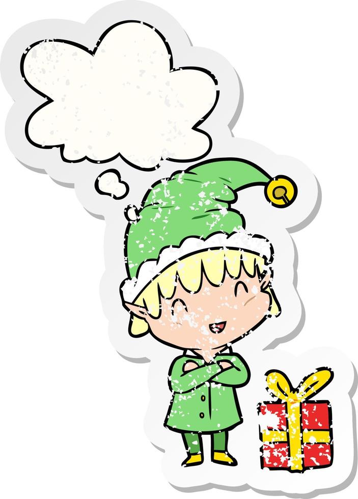 cartoon happy christmas elf and thought bubble as a distressed worn sticker vector