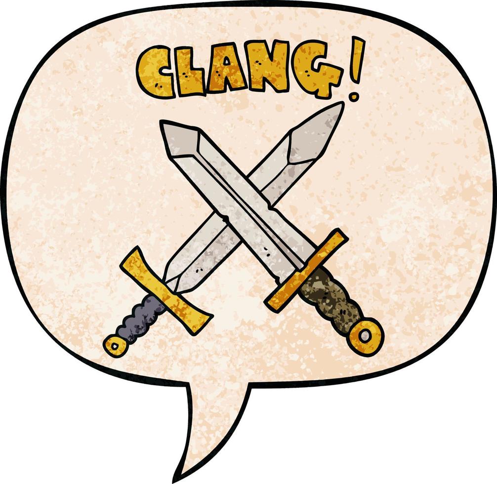 cartoon sword fight and speech bubble in retro texture style vector