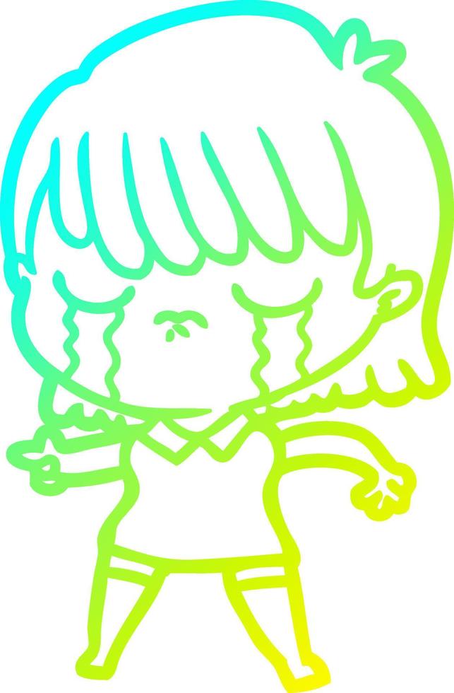 cold gradient line drawing cartoon woman crying vector