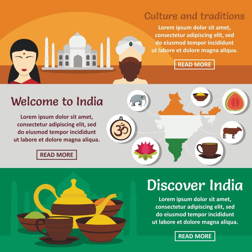 India travel banner horizontal set, flat style vector