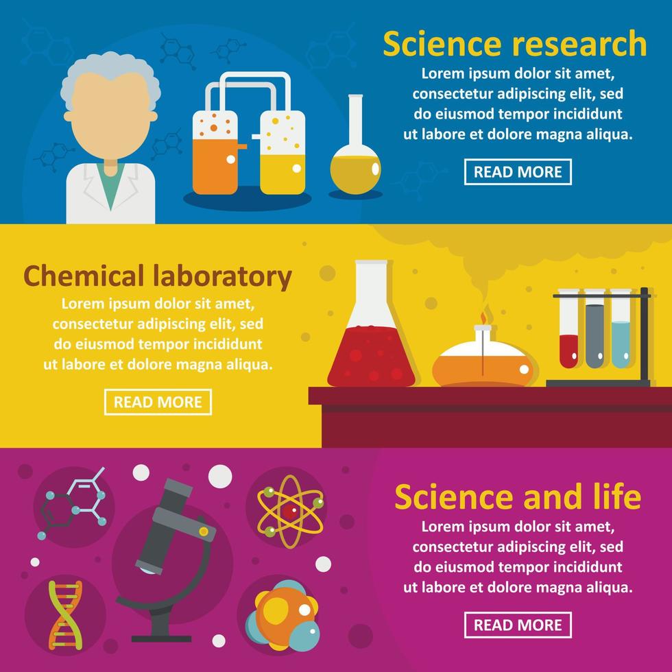 Chemical science banner horizontal set, flat style vector