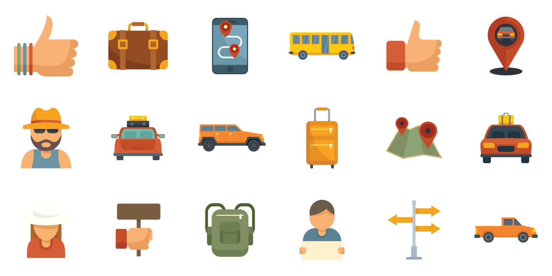 Hitchhiking icons set flat vector isolated