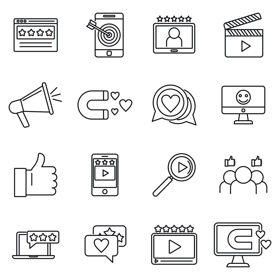 Engaging content digital icons set, outline style vector