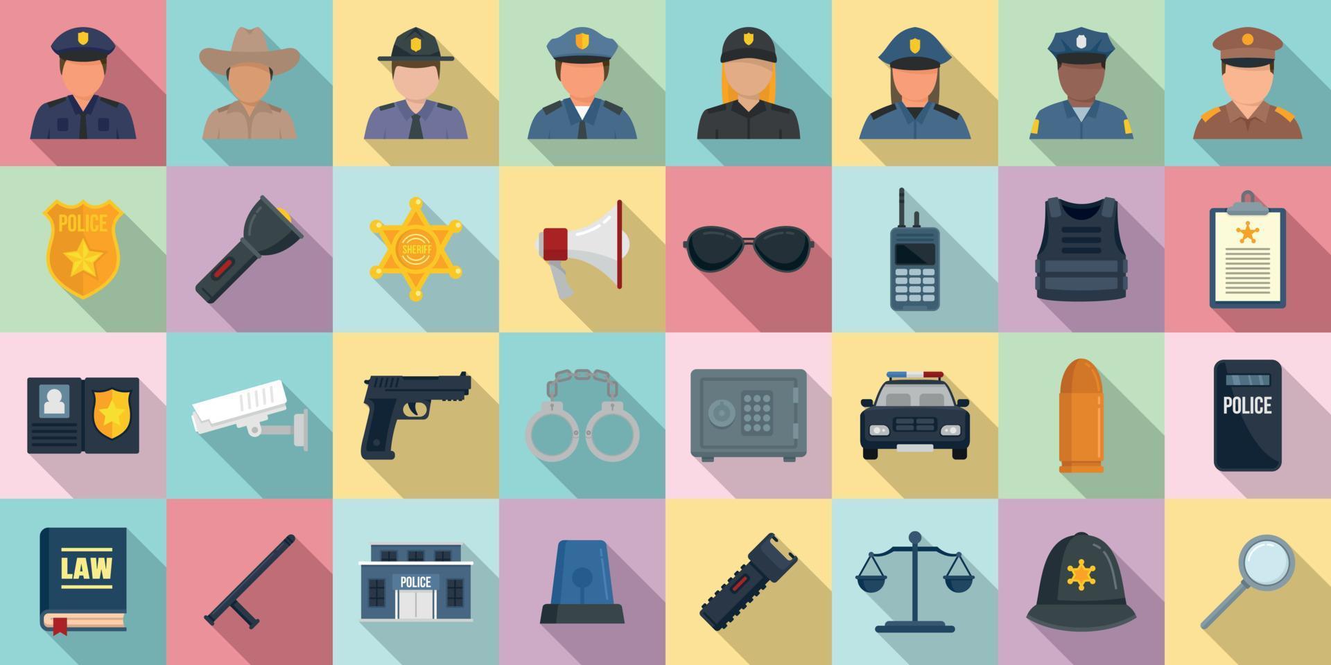 Policeman icons set, flat style vector