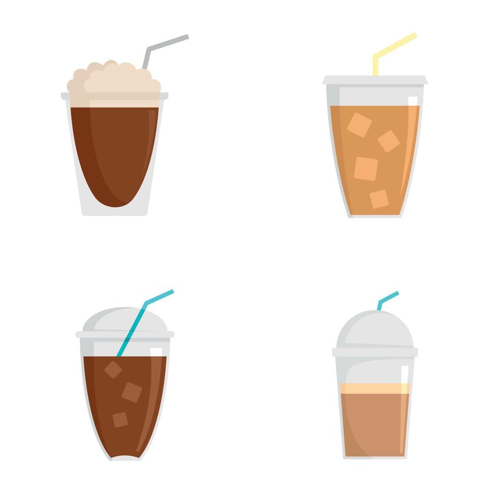 Ice coffee cream cold cup icons set, flat style vector