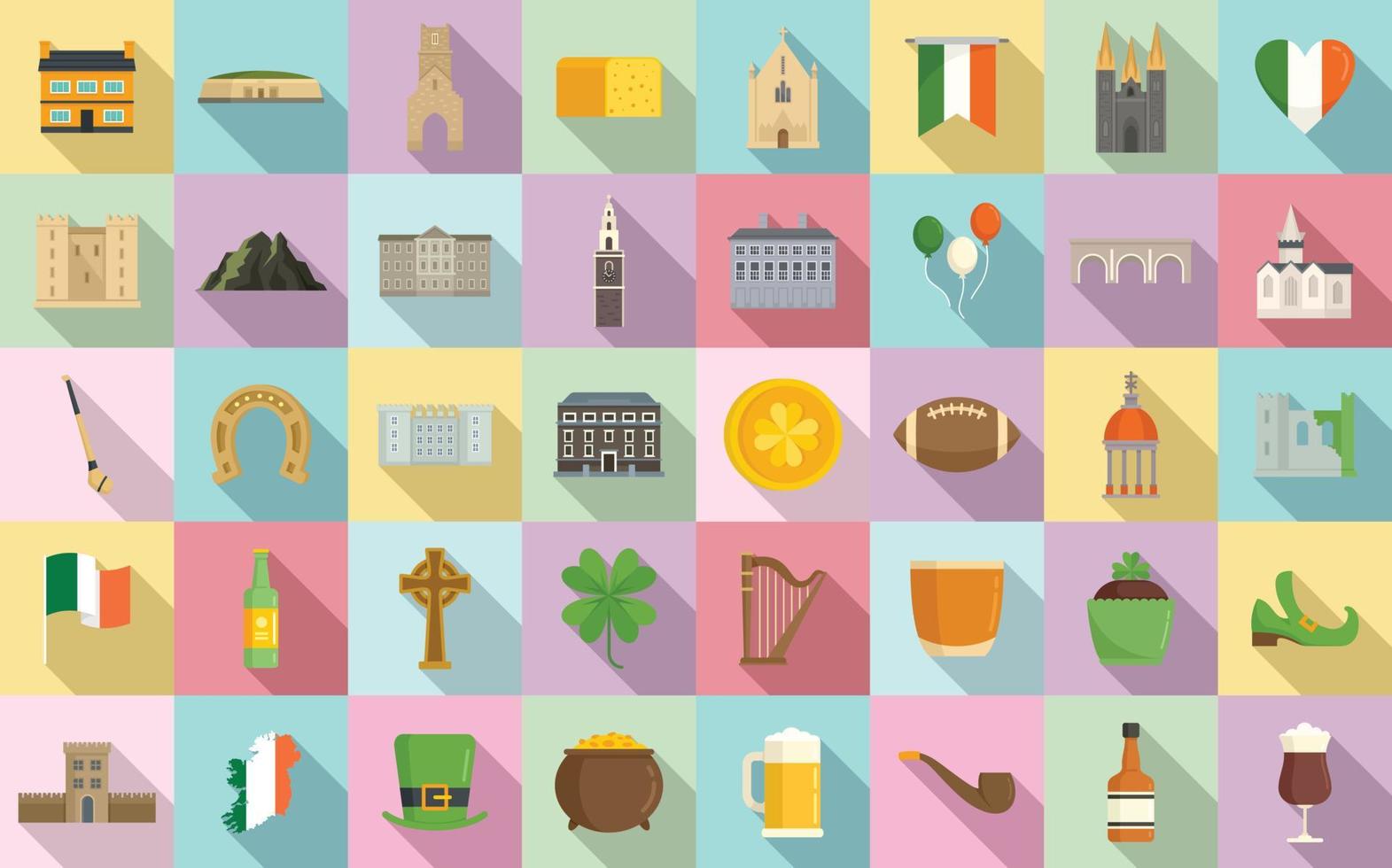 Conjunto de iconos de Irlanda, tipo plano vector