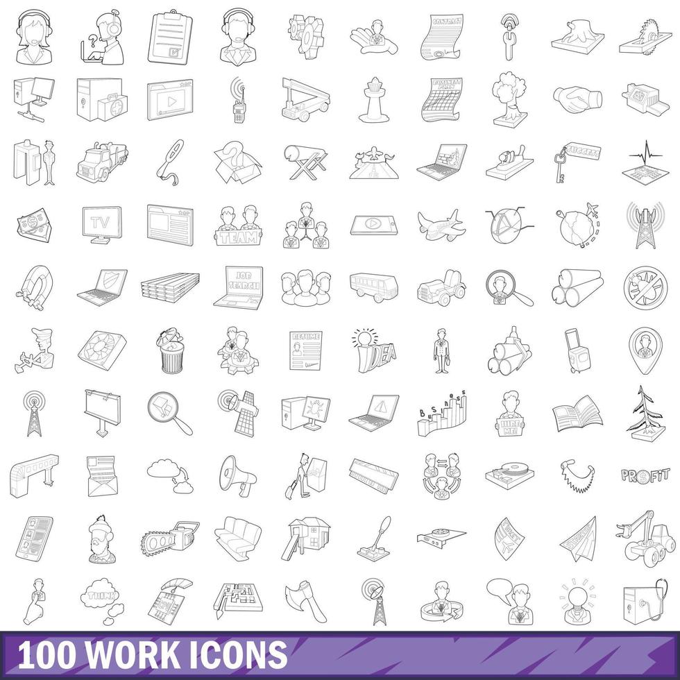 100 work icons set, outline style vector