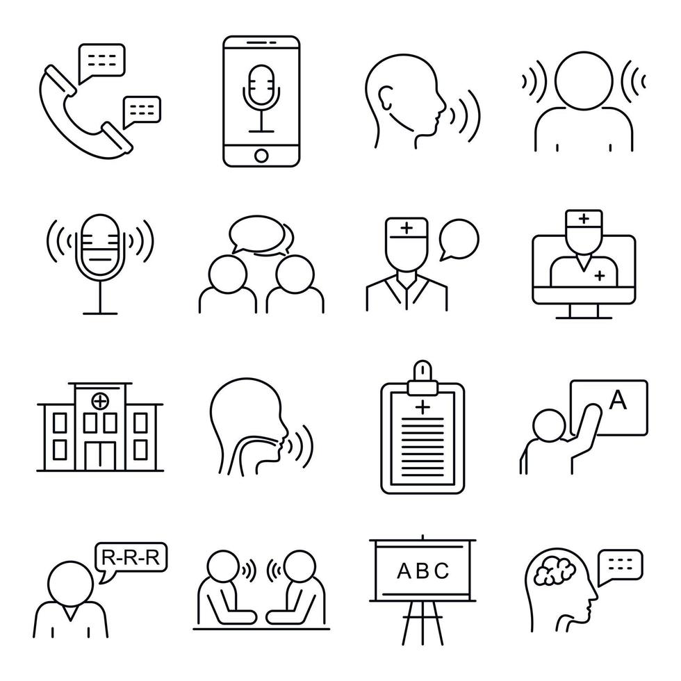 Speech therapist icons set, outline style vector