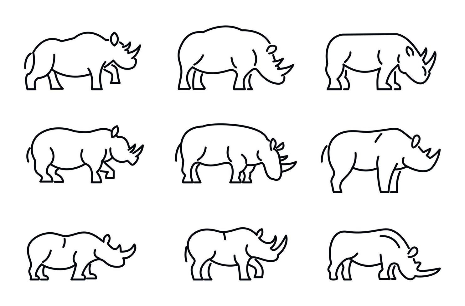 conjunto de iconos de rinoceronte, estilo de esquema vector