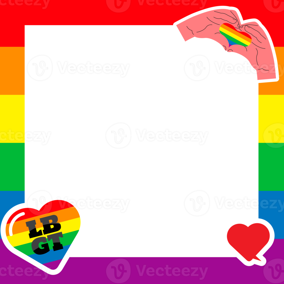 Pride frame. LGBT symbols. Love, heart, flag in rainbow colours, Gay, lesbian parade, Vector  illustration png