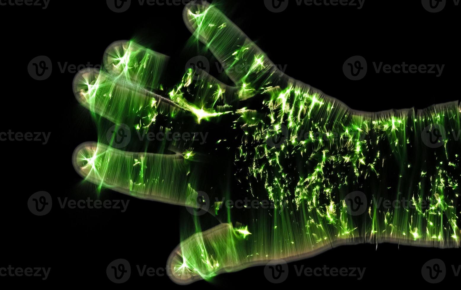 3D-Illustration of a glowing human male hand with a kirlian aura showing symbols photo