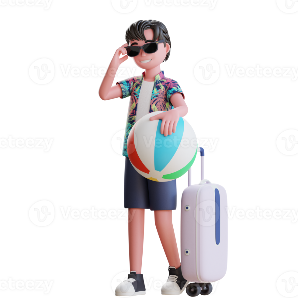 3d personagem de verão masculino vai viajar usando óculos escuros com mala e bola praia png