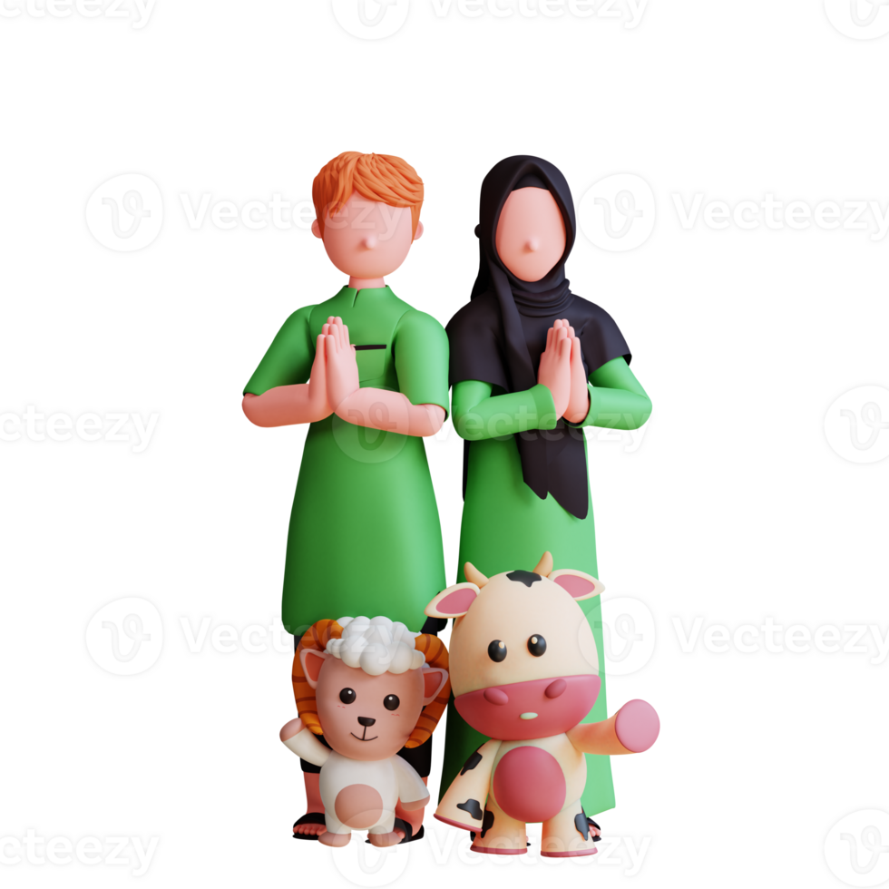 casal muçulmano de personagem 3d comemorando eid al adha com mascote de cabra e vaca png