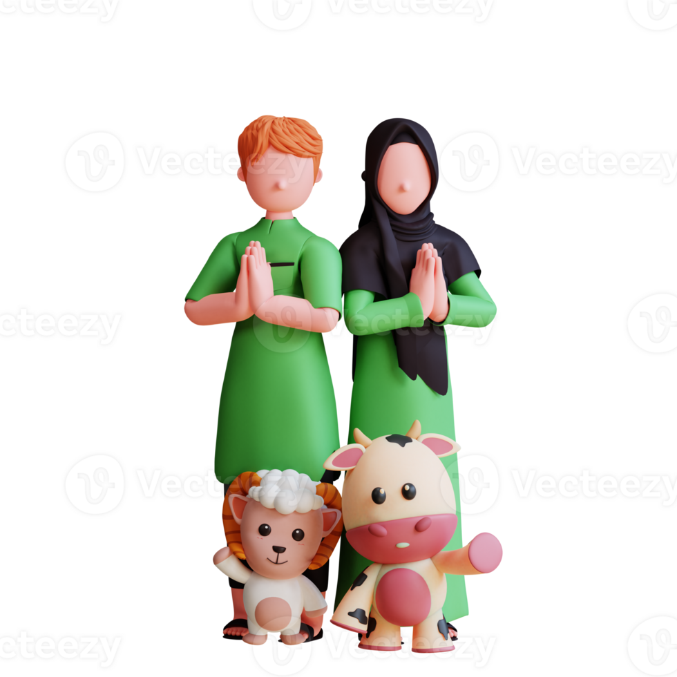 3d karakter moslim paar vieren eid al adha met geit en koe mascotte png