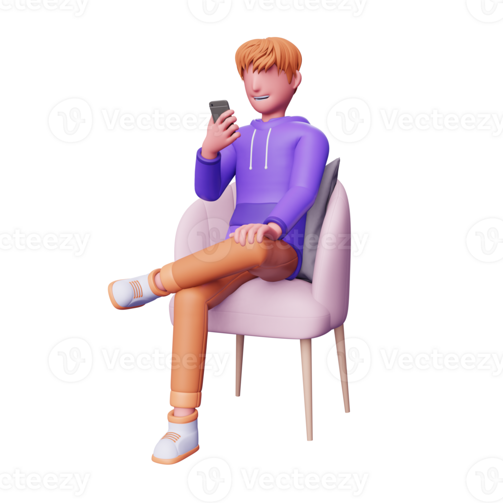 3d character young sit down and looking at smartphone png