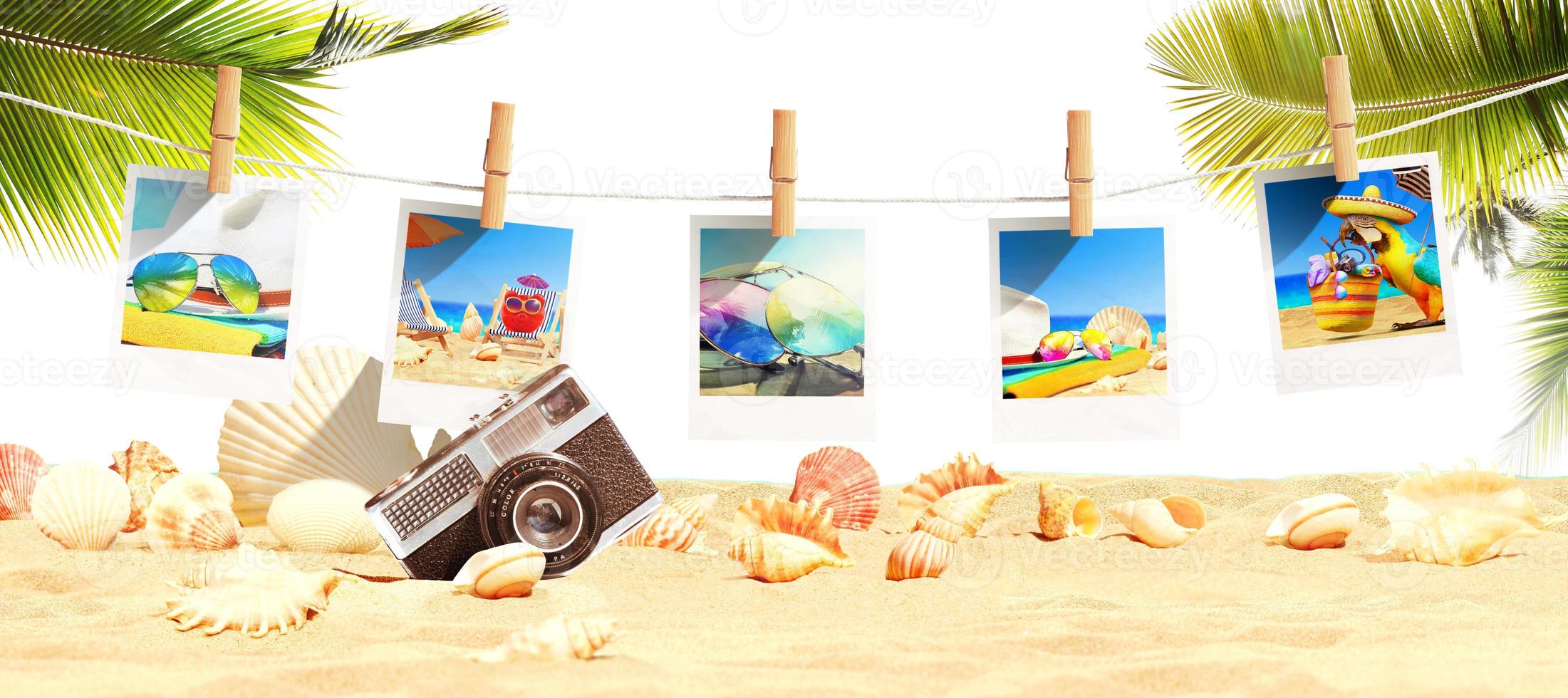 Landscape with photos on tropical beach - summer holiday.