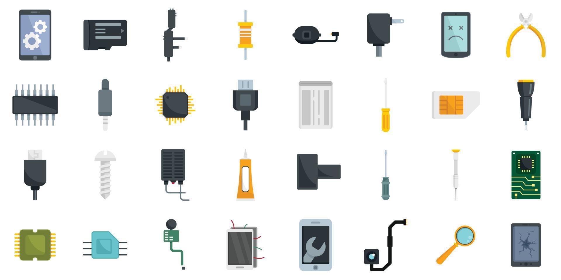 Mobile phone repair icons set flat vector isolated
