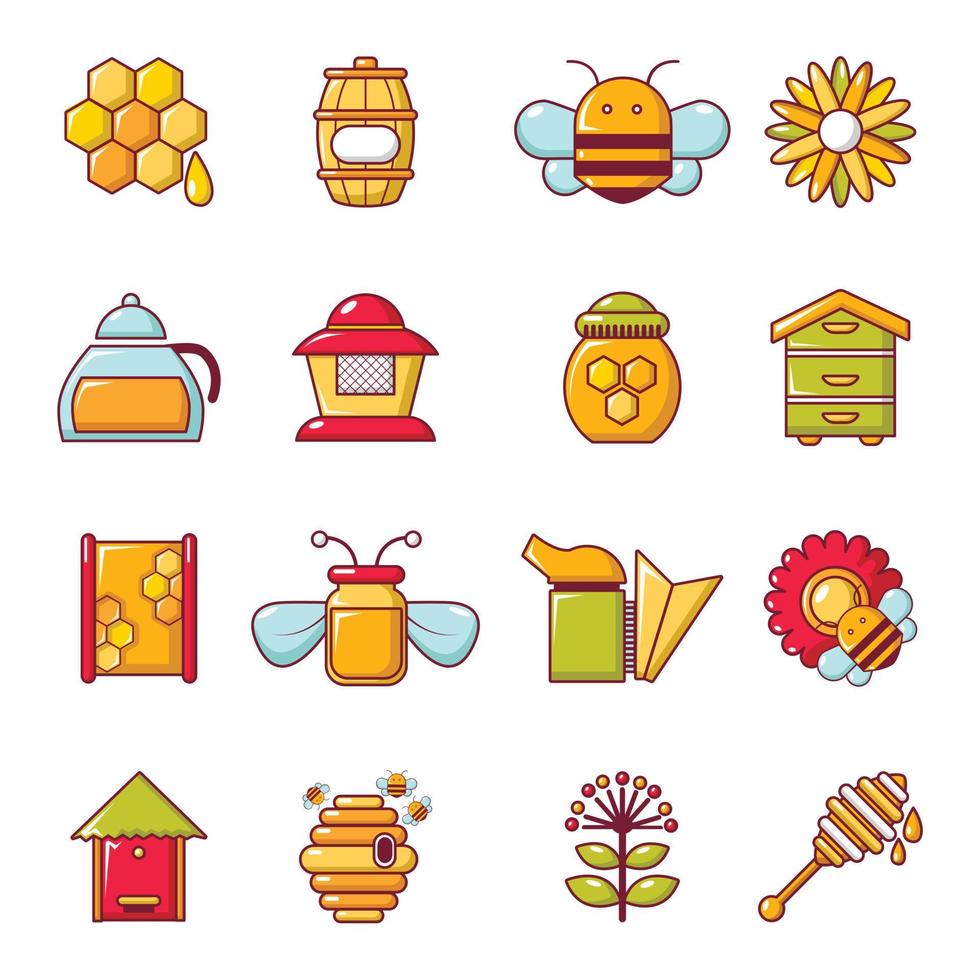 Apiary honey icons set, cartoon style vector