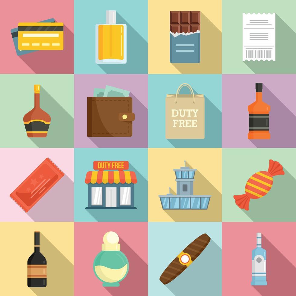 Duty free shop icons set, flat style vector