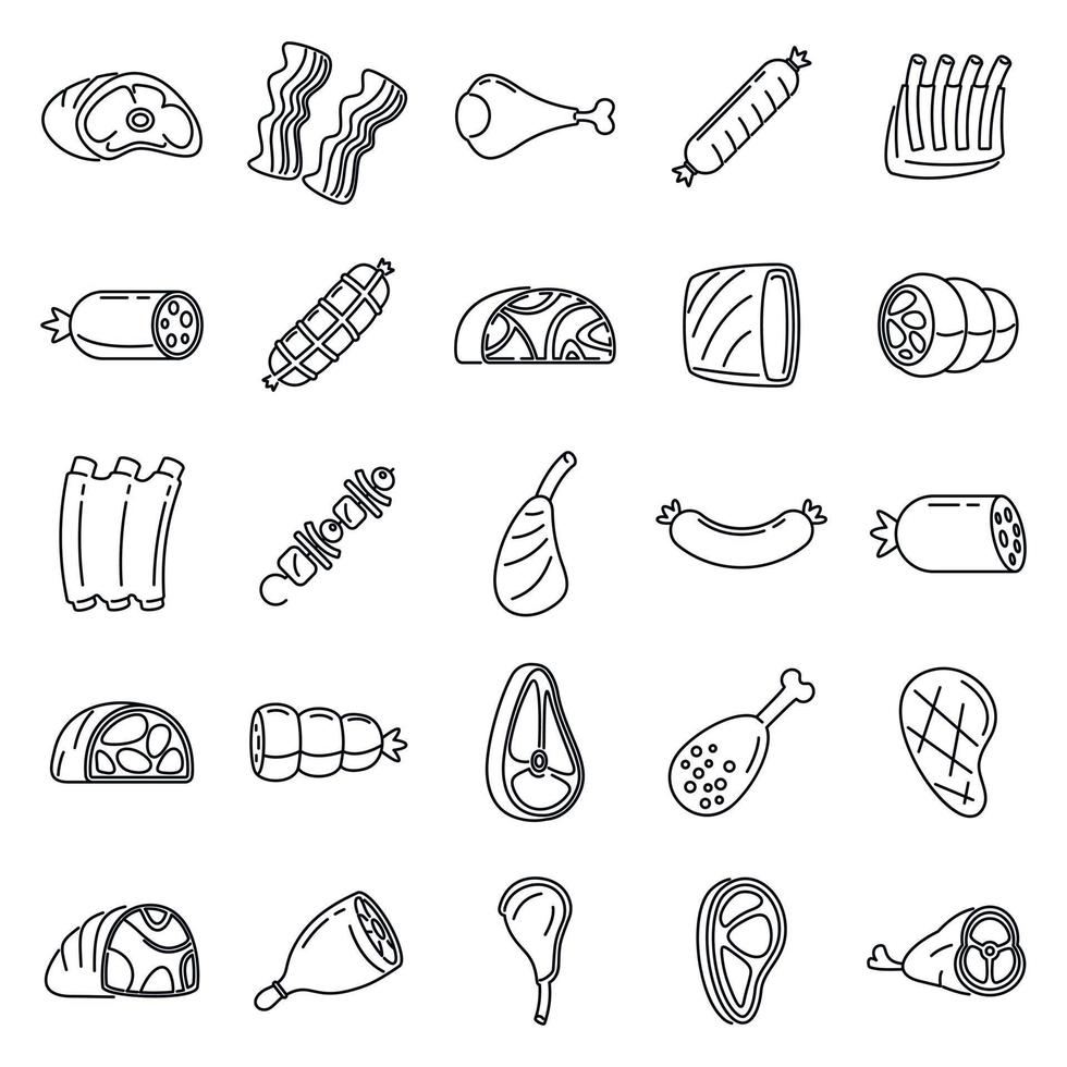 Raw meat icons set, outline style vector