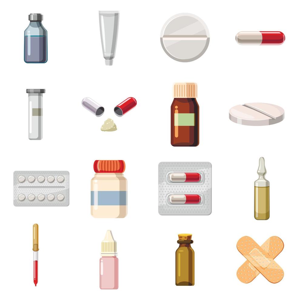 Conjunto de iconos de tipos de medicamentos, estilo de dibujos animados vector