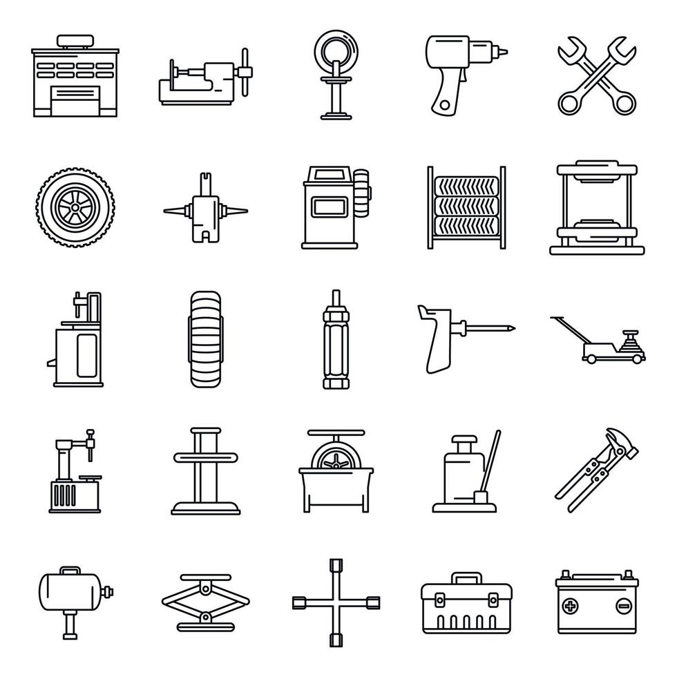 conjunto de iconos de herramientas de montaje de neumáticos, estilo de esquema vector