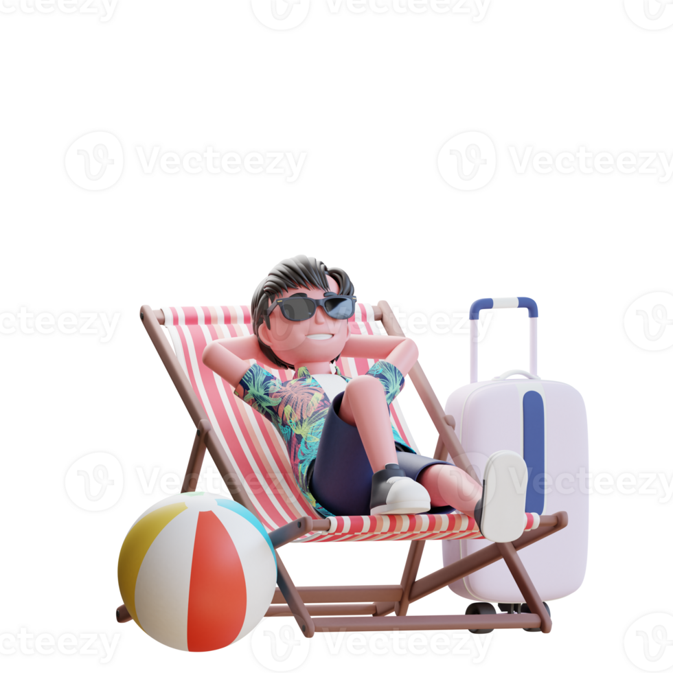 3d summer character male enjoy vacation laying on beach chair wearing sunglasses png