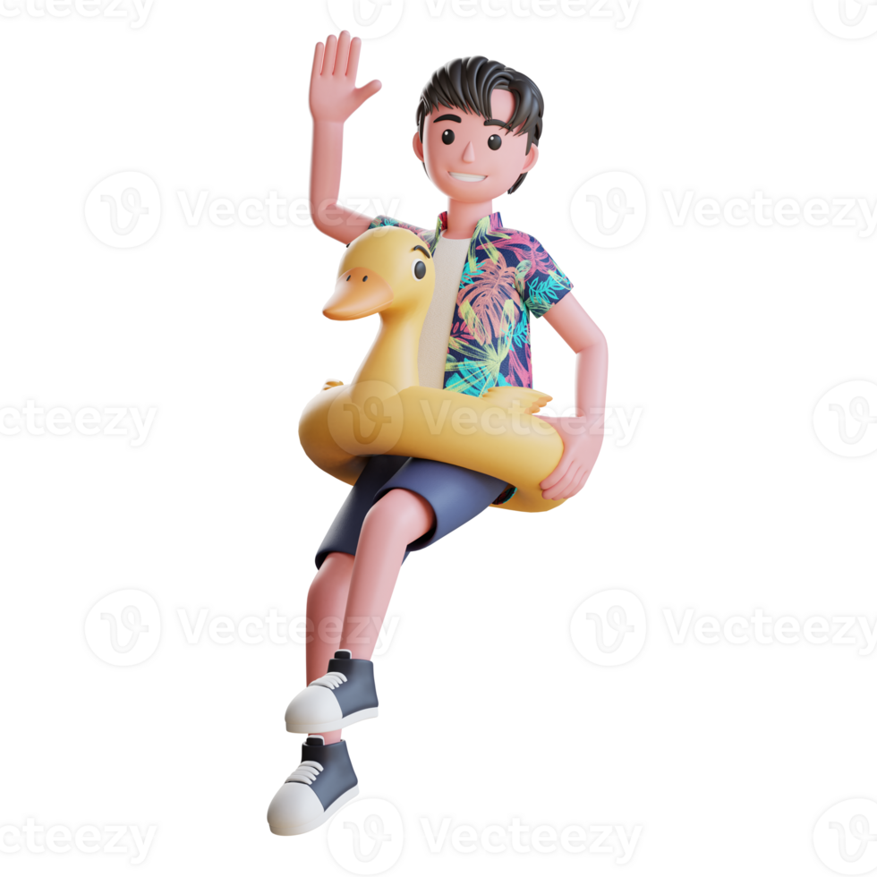 3d summer character male with flamingo buoy png