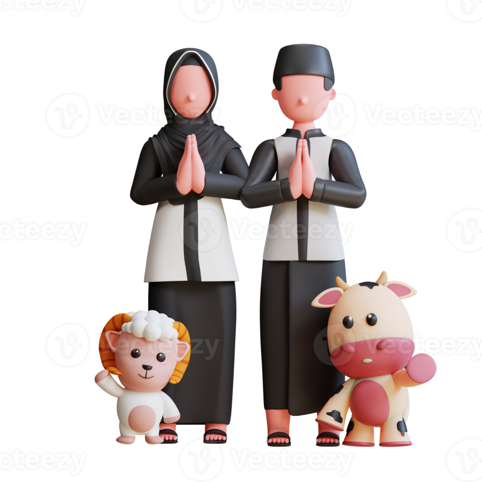 3d character muslim couple celebrating eid al adha with goat and cow mascot png