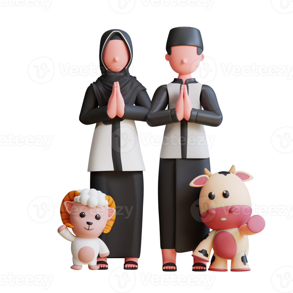 casal muçulmano de personagem 3d comemorando eid al adha com mascote de cabra e vaca png