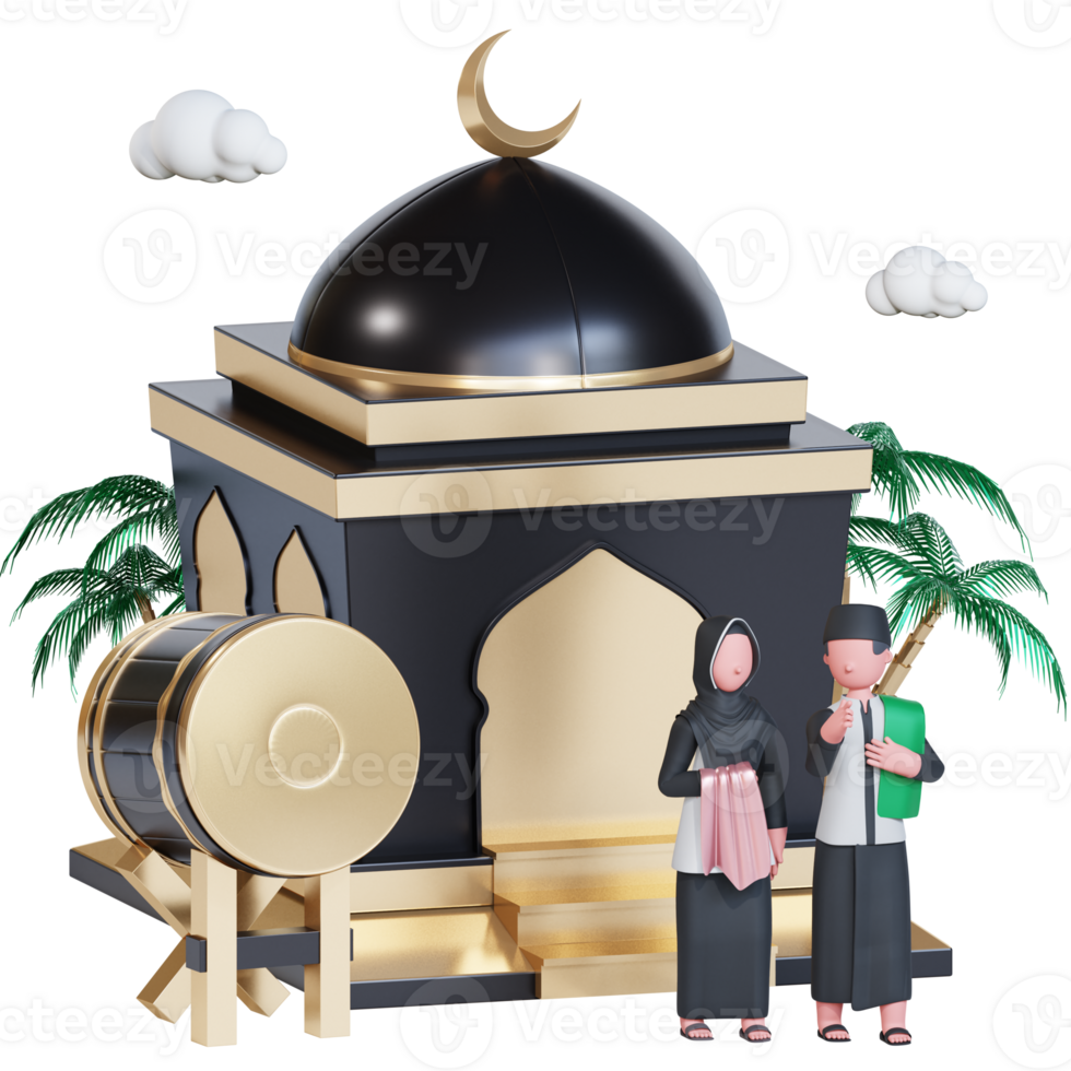 Ramadan kareem banner template with 3d muslim couple character going to mosque png