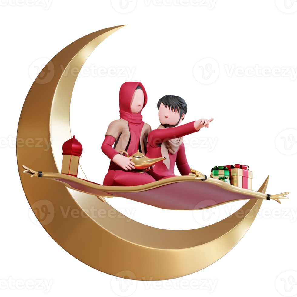 Ramadan kareem banner template with 3d muslim couple character and flying carpet png