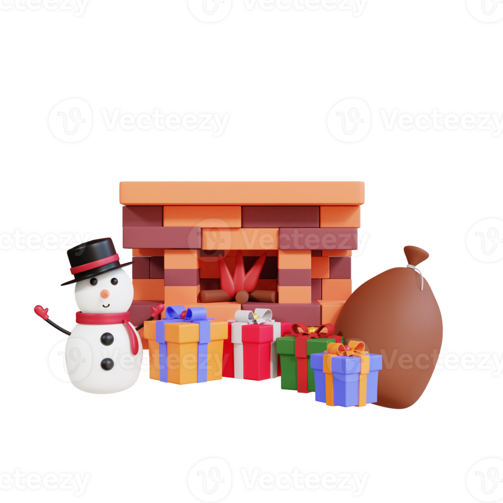 3d christmas party with fireplace, snowman and gift box png
