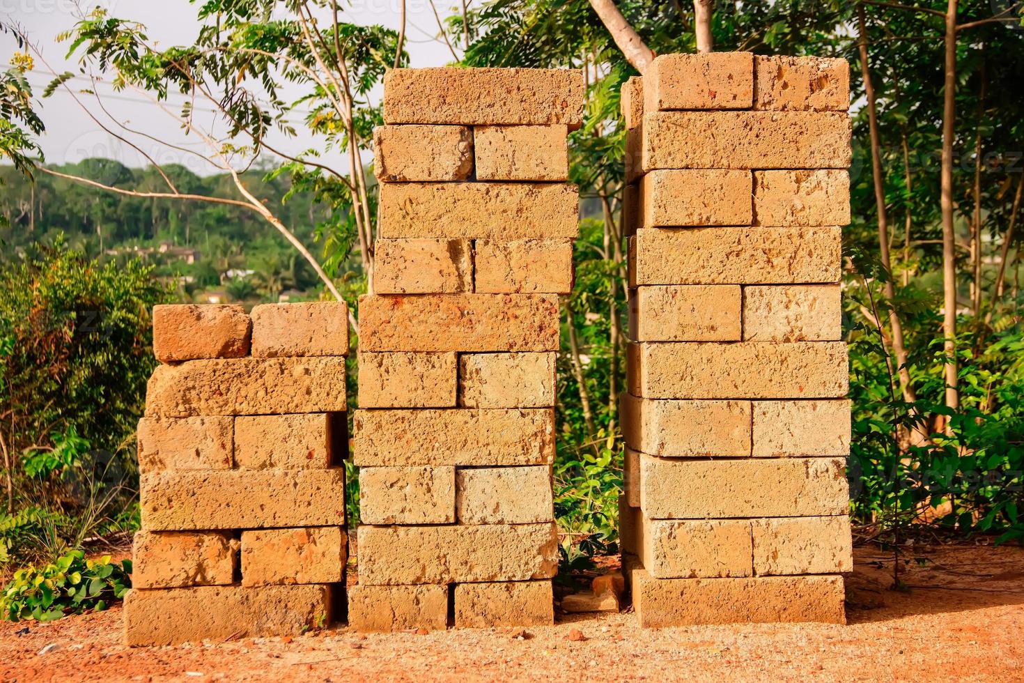 Cement blocks for construction, packed in two rows.. Building materials photo