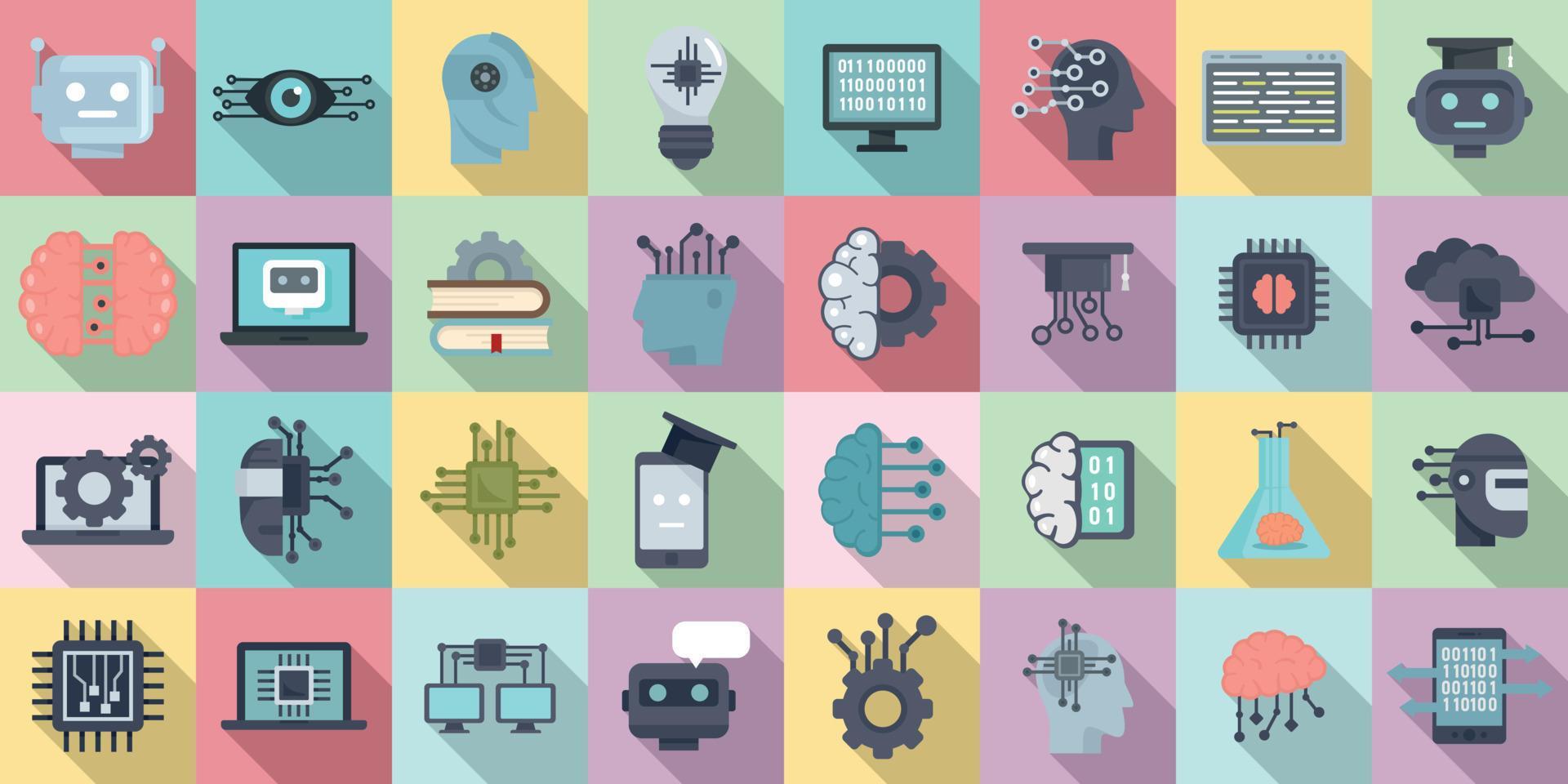 Machine learning icons set, flat style 8851689 Vector Art at Vecteezy
