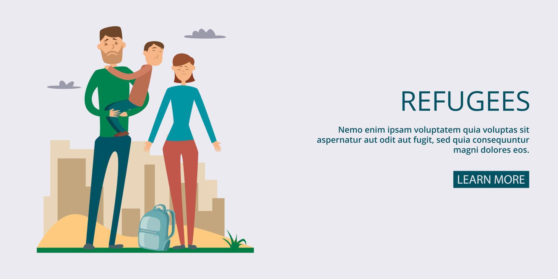 Refugees banner horizontal man, cartoon style vector