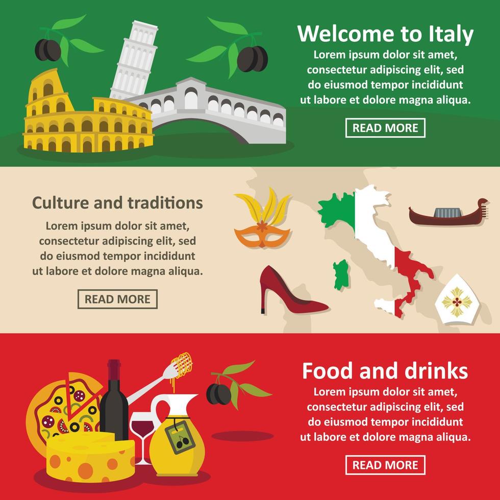 Italy travel banner horizontal set, flat style vector