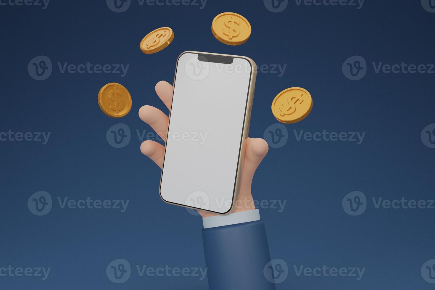 Hand of businessman holding smartphone with blank display and surrounded by golden coin ,cryptocurrency transfer, payment via a smartphone,Mobile phone bank,wallet,isolated background.3d Rendering. photo