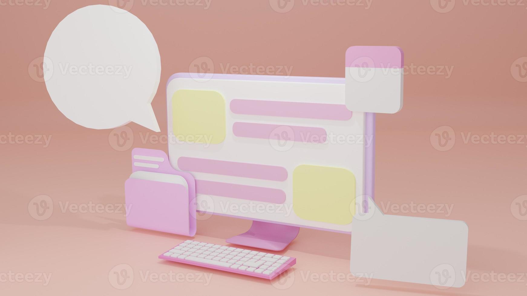 3D vector social media on computer with photo in bubbles platform, online social for text in speech bubbles concept, chat speech, chatting message with isolate background.3d render illustration.